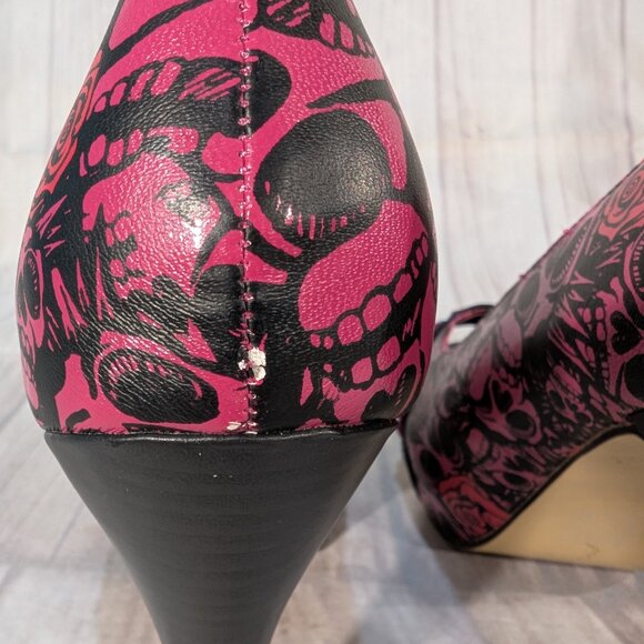 JustFab Women's Pink-Black Skull Peep Toe Heels Size 41 - Picture 6 of 11